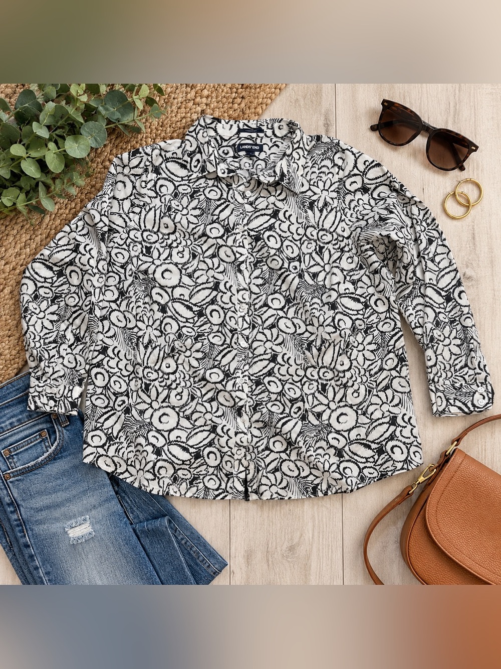Lands’ End Women’s 24W Black White Floral Button Front Blouse Plus Size